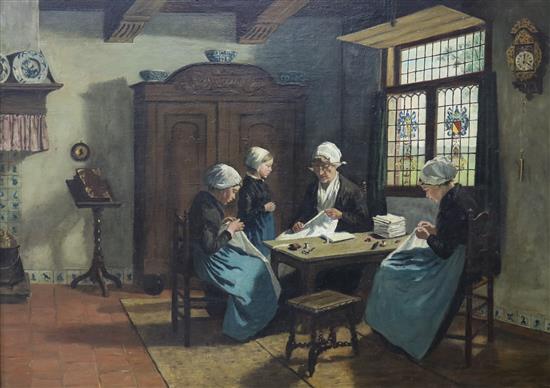 Dutch School, oil on board, interior scene with figures sewing 62 x 84cm.